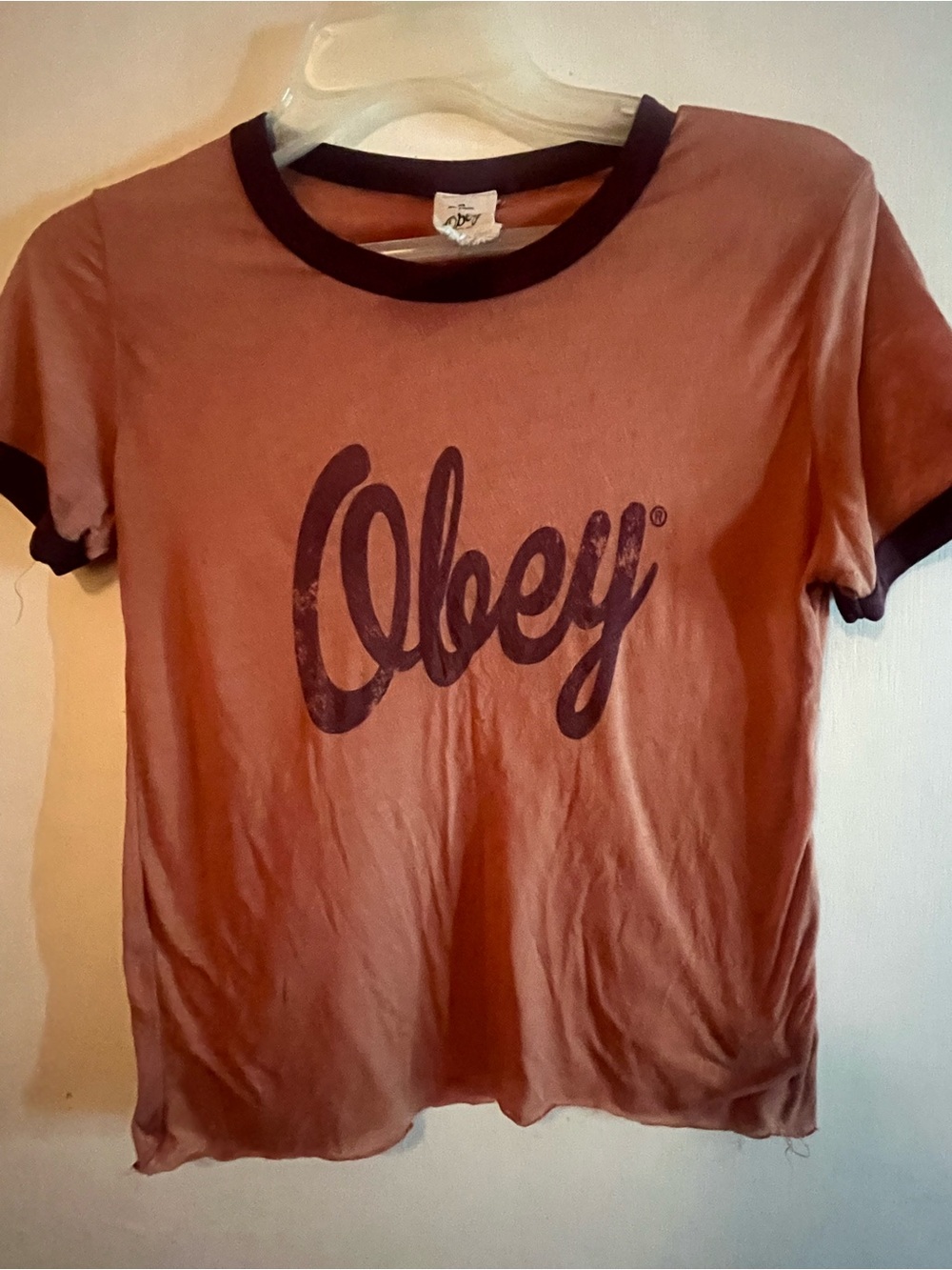 Obey Women's Rust Tee with Black Trim and Script Logo